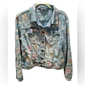 Charlie B Jean Jacket Womens Medium Floral Print Button Up Casual Denim